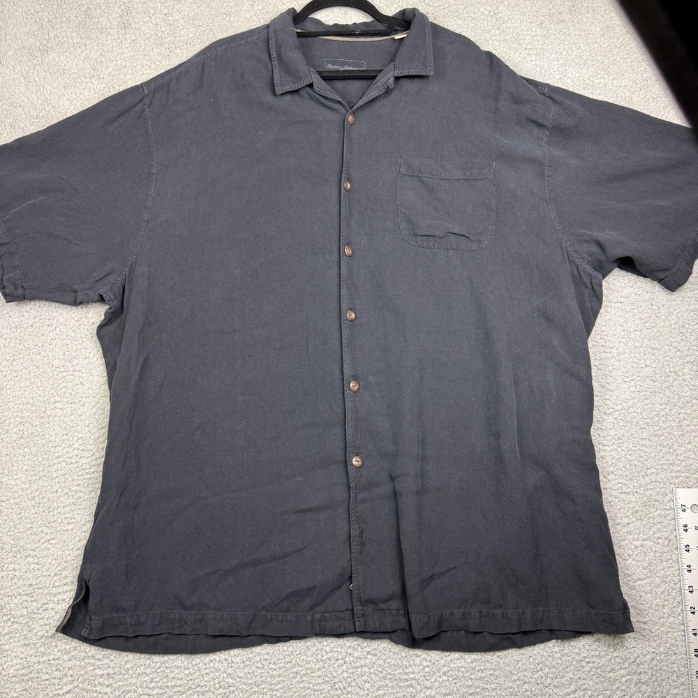 Tommy Bahama‎ Mens 2XT Dark Gray Silk Short Sleeve Button Up Shirt Pocket